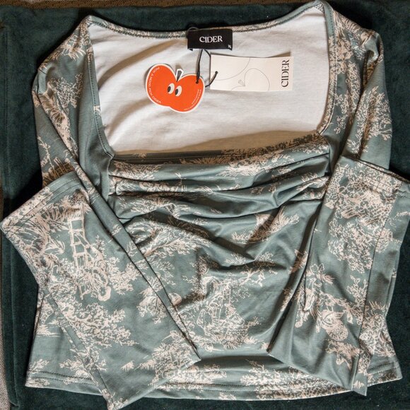 Cider Toile Print Ruched Square Neck Top | XL | Long Sleeve Feminine Cottagecore - Picture 5 of 8